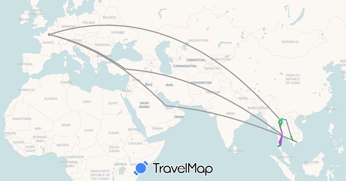 TravelMap itinerary: bus, plane, train, boat in France, Cambodia, Laos, Qatar, Thailand, Turkey, Vietnam (Asia, Europe)